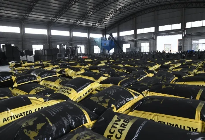 Branded activated carbon bags stored in the production facility
